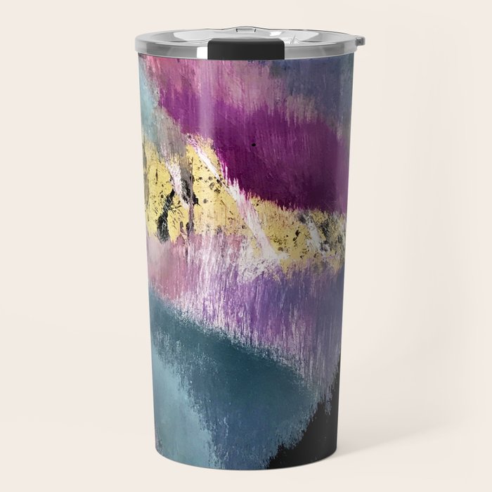 Gemini: a vibrant, colorful abstract piece in gold, purple, blue, black, and white Travel Mug Gallery Image 1