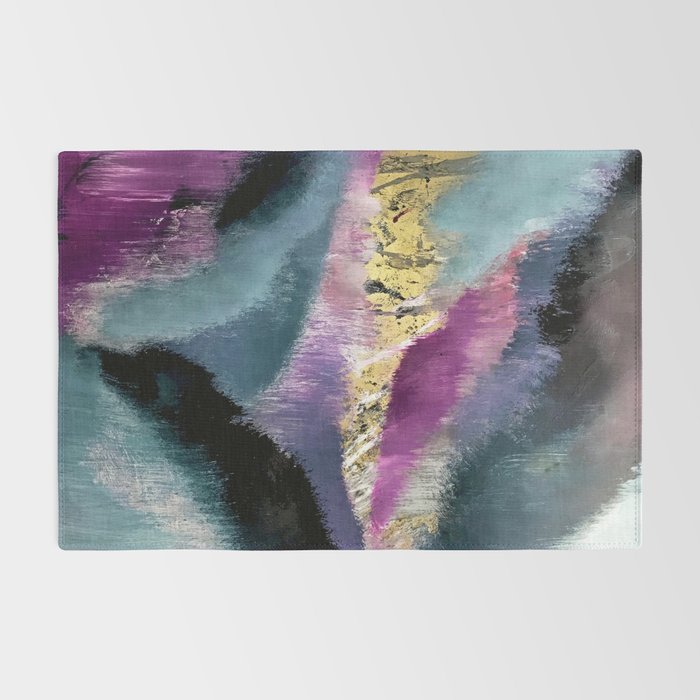 Gemini: a vibrant, colorful abstract piece in gold, purple, blue, black, and white Rug Gallery Image 2