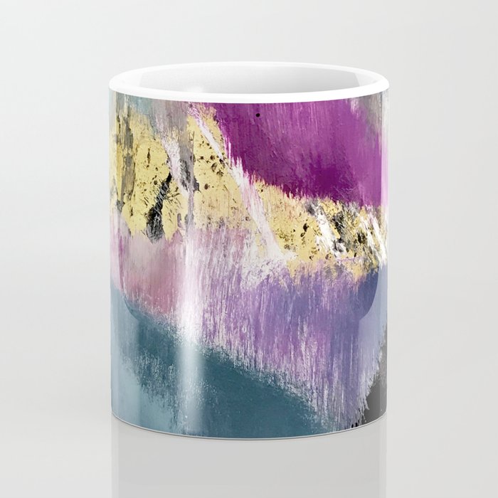Gemini: a vibrant, colorful abstract piece in gold, purple, blue, black, and white Coffee Mug Gallery Image 4
