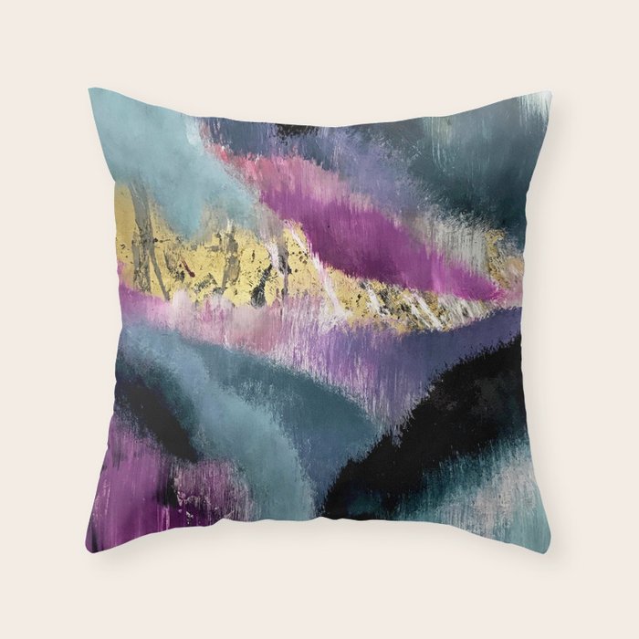 Gemini: a vibrant, colorful abstract piece in gold, purple, blue, black, and white Throw Pillow Gallery Image 1