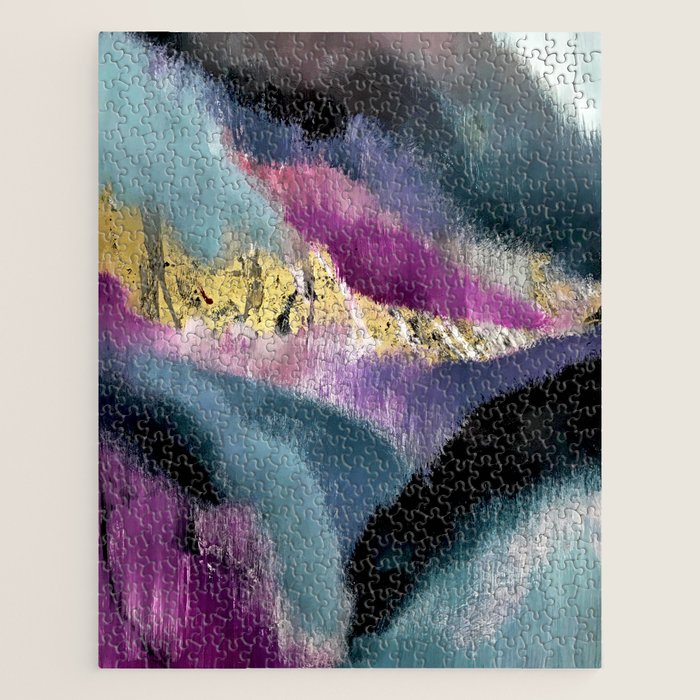 Gemini: a vibrant, colorful abstract piece in gold, purple, blue, black, and white Jigsaw Puzzle Gallery Image 1