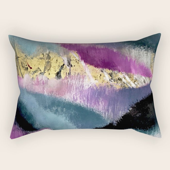 Gemini: a vibrant, colorful abstract piece in gold, purple, blue, black, and white Rectangular Pillow Gallery Image 1
