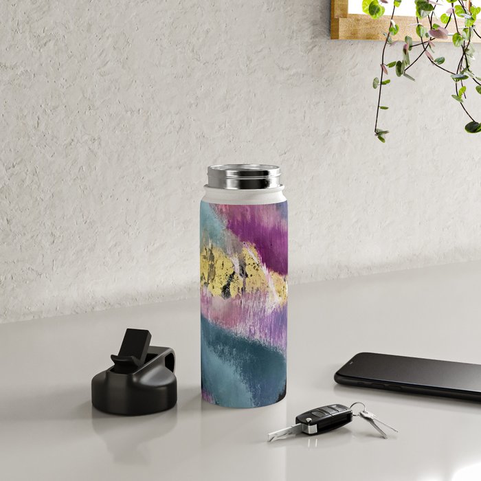Gemini: a vibrant, colorful abstract piece in gold, purple, blue, black, and white Water Bottle Gallery Image 5