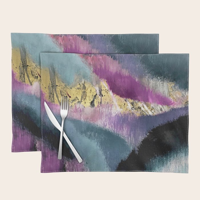 Gemini: a vibrant, colorful abstract piece in gold, purple, blue, black, and white Placemat Gallery Image 1
