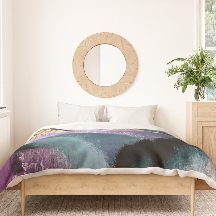 Gemini: a vibrant, colorful abstract piece in gold, purple, blue, black, and white Duvet Cover Gallery Image 3