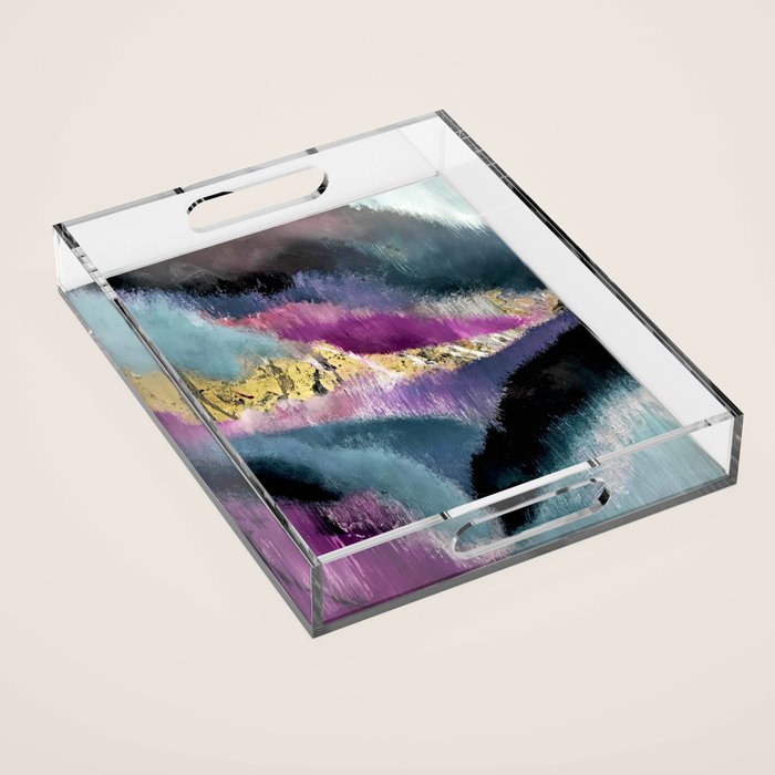 Gemini: a vibrant, colorful abstract piece in gold, purple, blue, black, and white Acrylic Tray Gallery Image 1