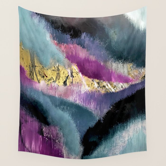 Gemini: a vibrant, colorful abstract piece in gold, purple, blue, black, and white Wall Tapestry Gallery Image 4