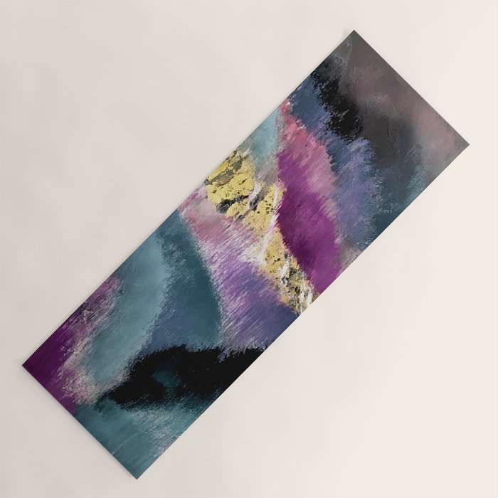Gemini: a vibrant, colorful abstract piece in gold, purple, blue, black, and white Yoga Mat Gallery Image 1