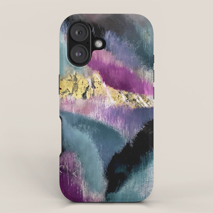 Gemini: a vibrant, colorful abstract piece in gold, purple, blue, black, and white iPhone Case Gallery Image 1