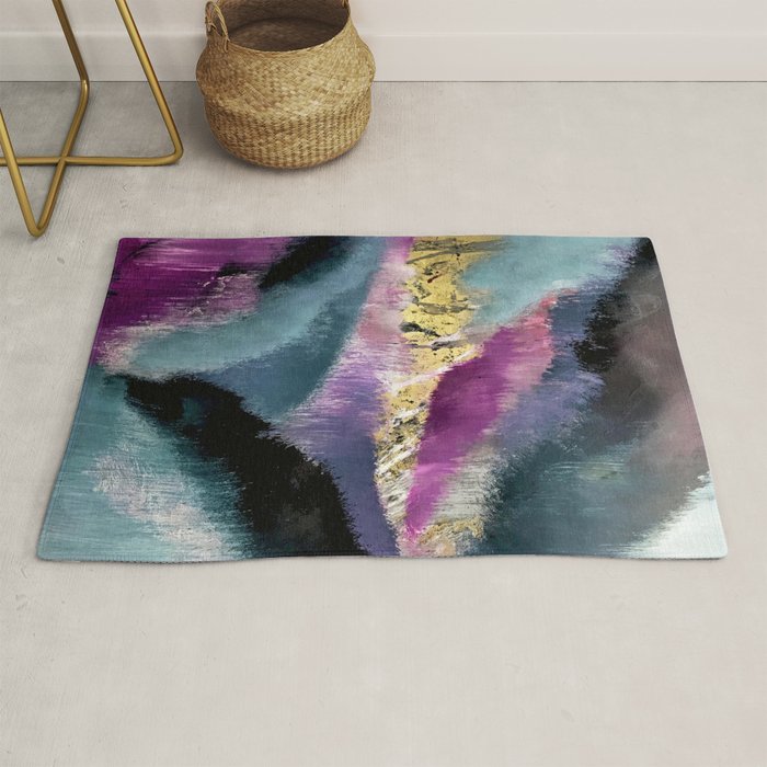 Gemini: a vibrant, colorful abstract piece in gold, purple, blue, black, and white Rug Gallery Image 1