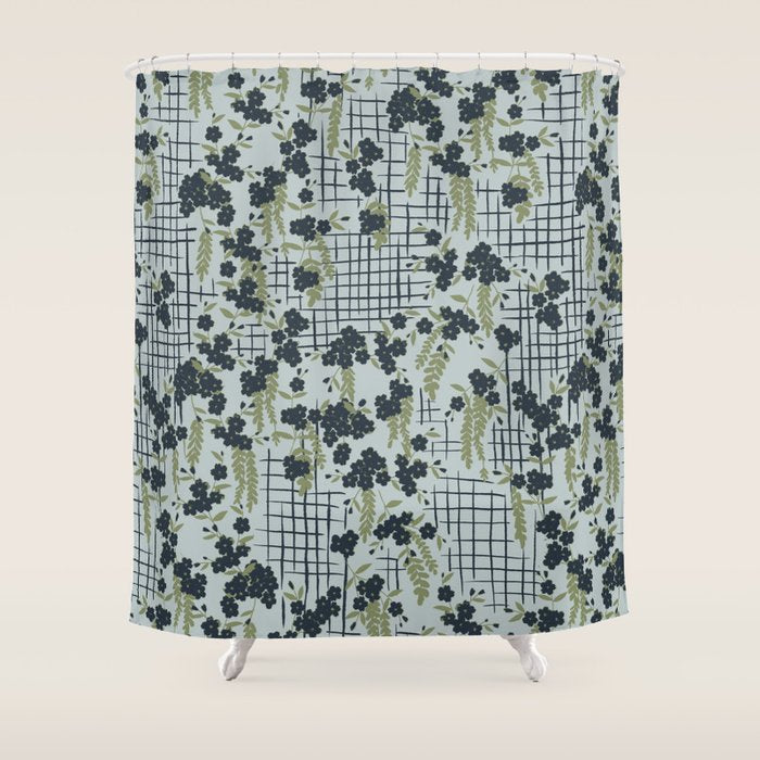 Blue floral with checks Shower Curtain Gallery Image 1