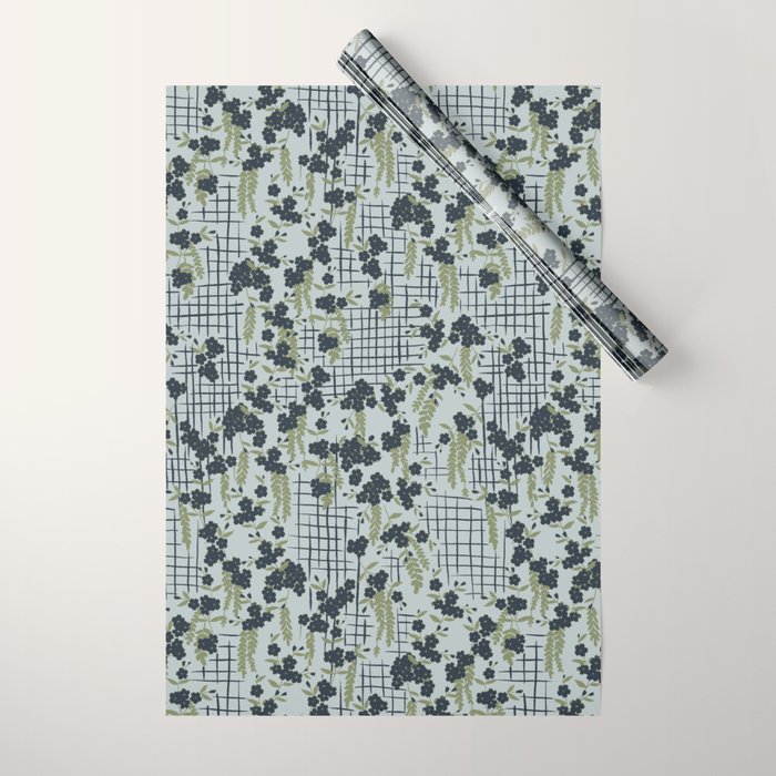 Blue floral with checks Wrapping Paper Gallery Image 1