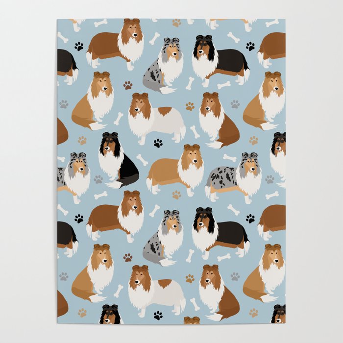 Rough Collie Dog Paws and Bones Pattern Poster Gallery Image 1