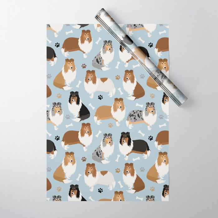 Rough Collie Dog Paws and Bones Pattern Wrapping Paper Gallery Image 1