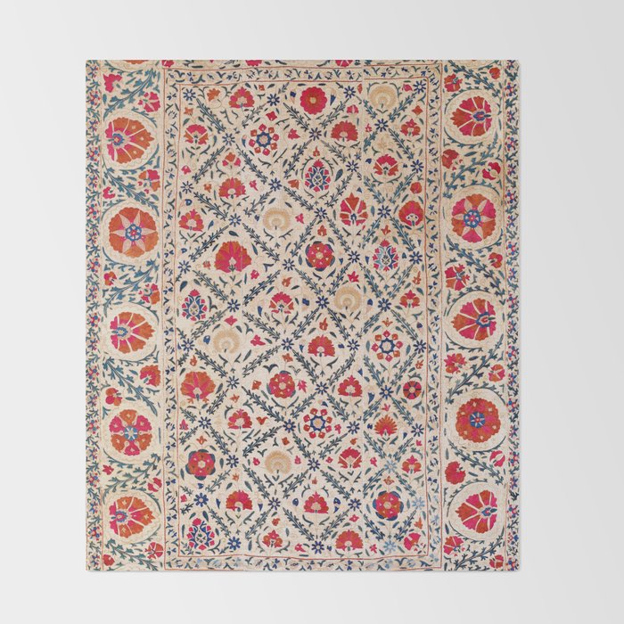 Kermina Suzani Uzbekistan Floral Embroidery Print Throw Blanket Gallery Image 2