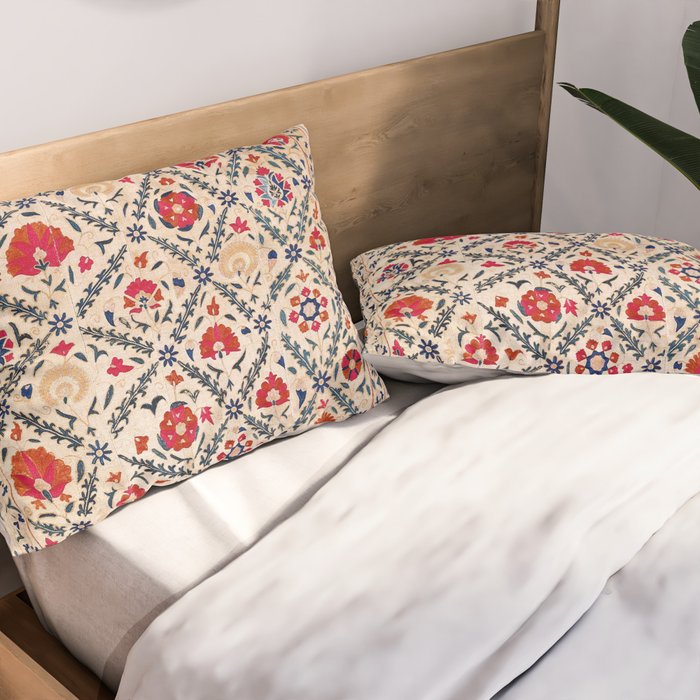 Kermina Suzani Uzbekistan Floral Embroidery Print Pillow Sham Gallery Image 2