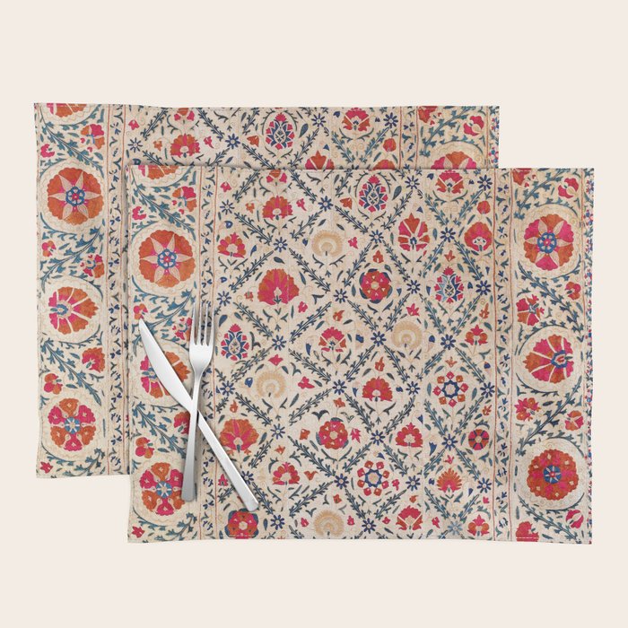 Kermina Suzani Uzbekistan Floral Embroidery Print Placemat Gallery Image 1