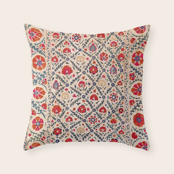 Kermina Suzani Uzbekistan Floral Embroidery Print Throw Pillow Gallery Image 1