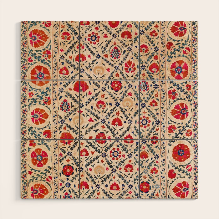 Kermina Suzani Uzbekistan Floral Embroidery Print Wood Wall Art Gallery Image 1
