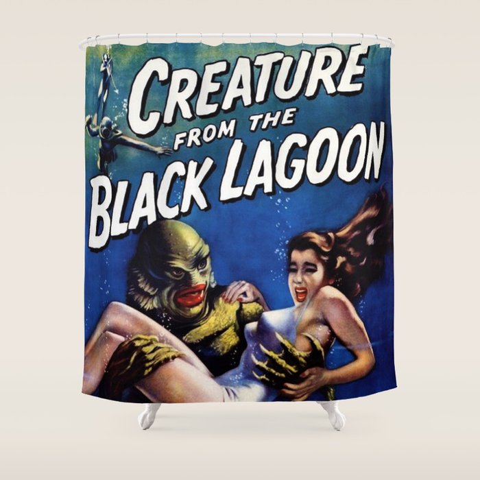 Vintage Creature from the Black Lagoon horror movie lobby theatrical poster card No. 1 blue Shower Curtain Gallery Image 1