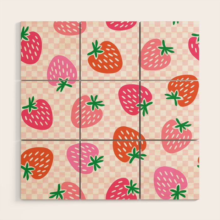 Strawberry Toss on Checks - Pink and Green Wood Wall Art Gallery Image 1