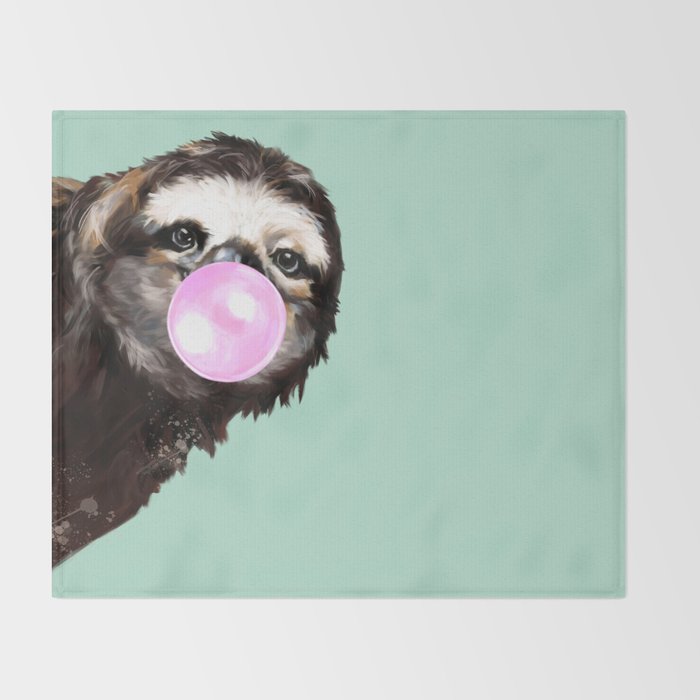 Bubble Gum Sneaky Sloth in Green Throw Blanket Gallery Image 2