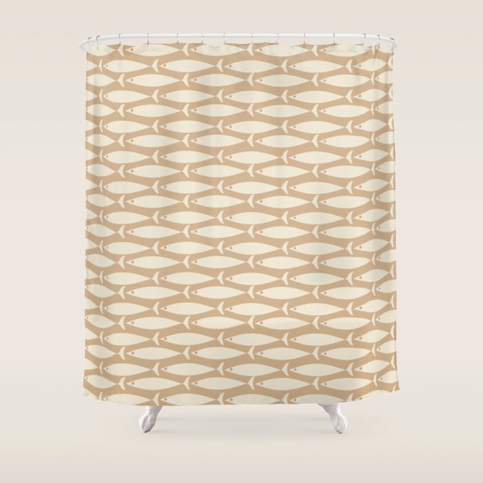 Coastal Neutral Mid Century Modern Fish Minimalist Beige Scandi Pattern Shower Curtain Gallery Image 1