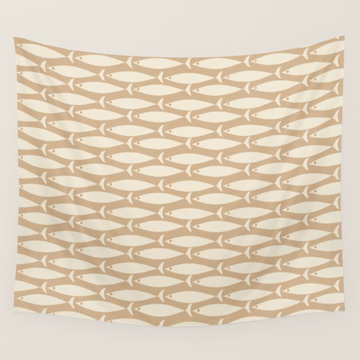 Coastal Neutral Mid Century Modern Fish Minimalist Beige Scandi Pattern Wall Tapestry Gallery Image 4