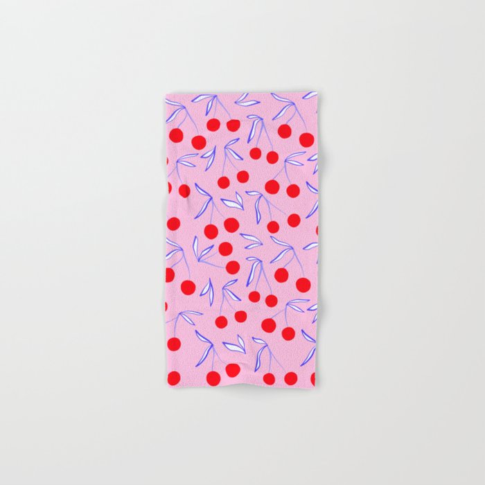 Ditsy Kitsch Cherry pattern in Pink, Red, Blue Bath Towel Gallery Image 1
