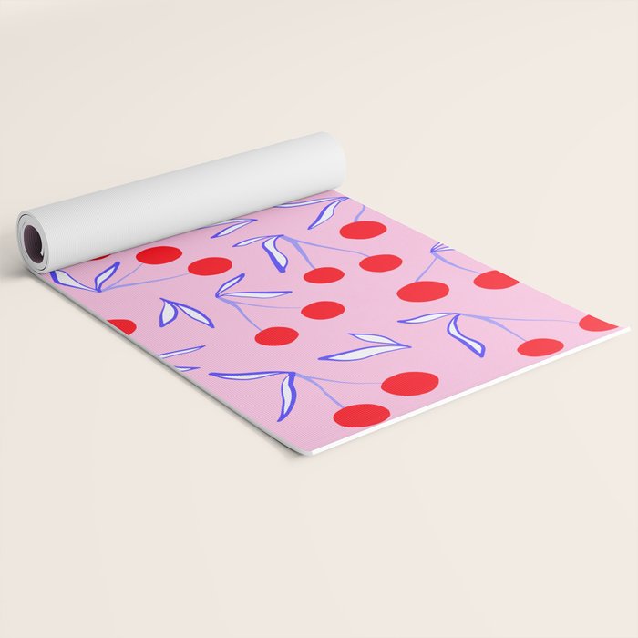 Ditsy Kitsch Cherry pattern in Pink, Red, Blue Yoga Mat Gallery Image 2