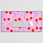 Ditsy Kitsch Cherry pattern in Pink, Red, Blue Desk Mat Gallery Image 1