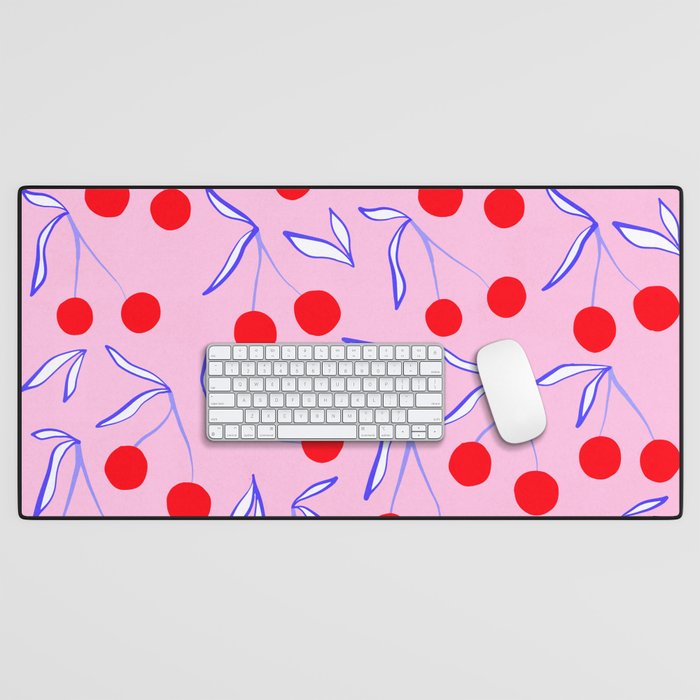 Ditsy Kitsch Cherry pattern in Pink, Red, Blue Desk Mat Gallery Image 1