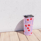 Ditsy Kitsch Cherry pattern in Pink, Red, Blue Travel Mug Gallery Image 4