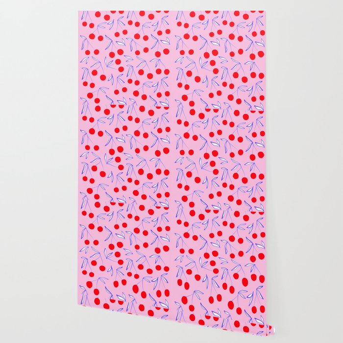 Ditsy Kitsch Cherry pattern in Pink, Red, Blue Wallpaper Gallery Image 2