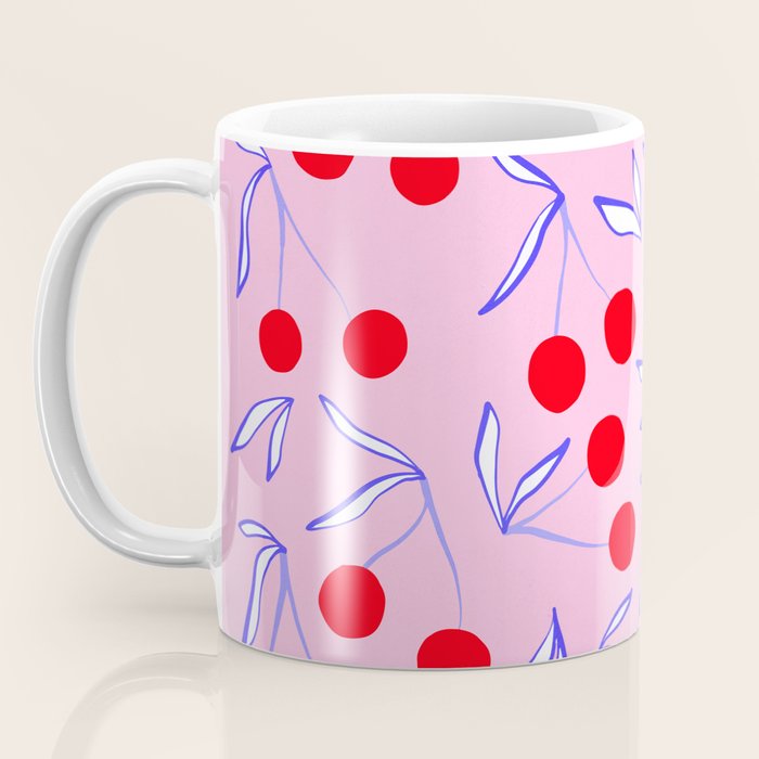 Ditsy Kitsch Cherry pattern in Pink, Red, Blue Coffee Mug Gallery Image 3