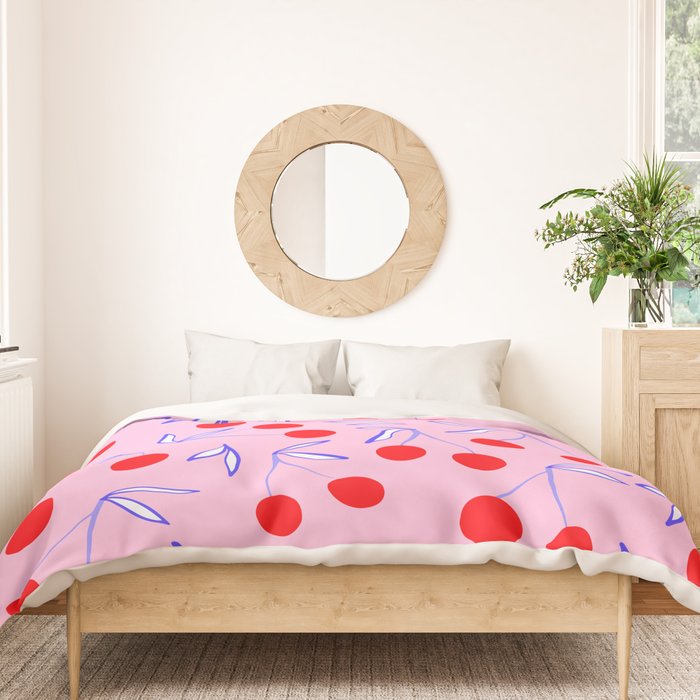 Ditsy Kitsch Cherry pattern in Pink, Red, Blue Duvet Cover Gallery Image 3