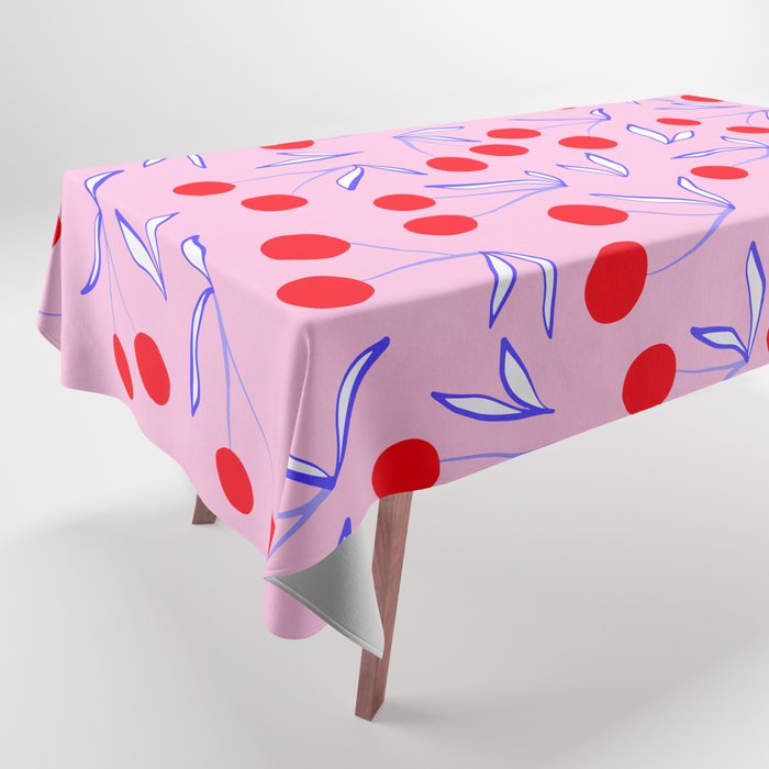 Ditsy Kitsch Cherry pattern in Pink, Red, Blue Tablecloth Gallery Image 1