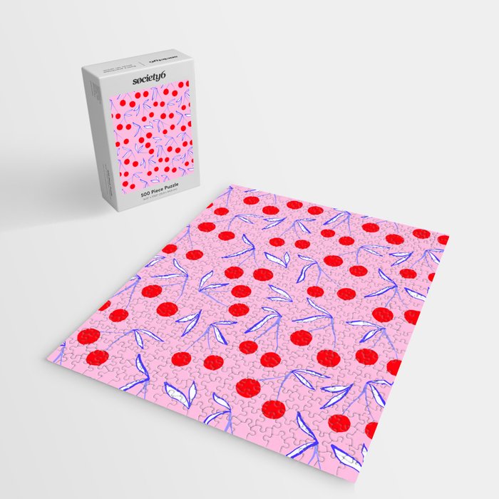 Ditsy Kitsch Cherry pattern in Pink, Red, Blue Jigsaw Puzzle Gallery Image 2