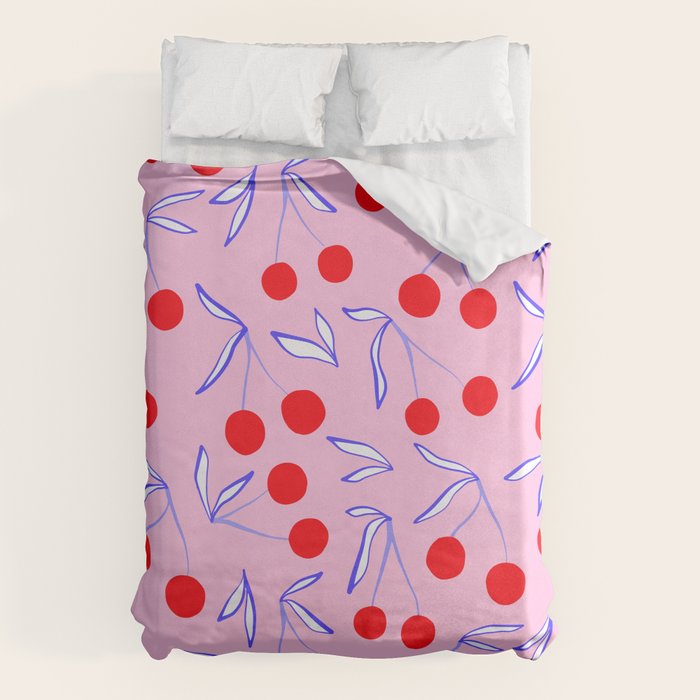 Ditsy Kitsch Cherry pattern in Pink, Red, Blue Duvet Cover Gallery Image 6