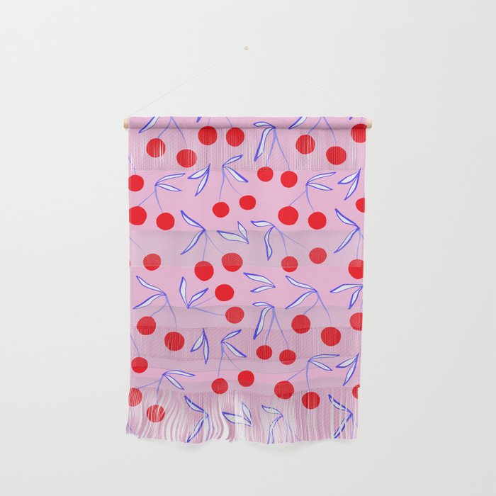 Ditsy Kitsch Cherry pattern in Pink, Red, Blue Wall Hanging Gallery Image 1