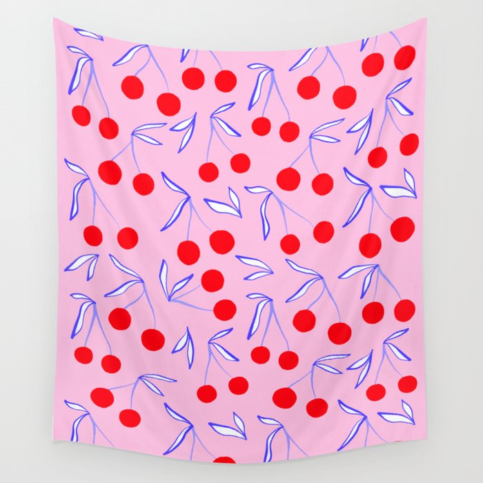 Ditsy Kitsch Cherry pattern in Pink, Red, Blue Wall Tapestry Gallery Image 1