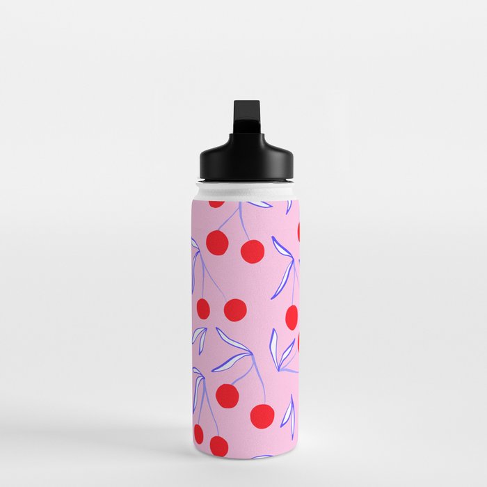Ditsy Kitsch Cherry pattern in Pink, Red, Blue Water Bottle Gallery Image 3