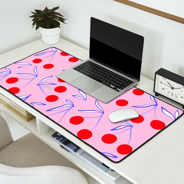 Ditsy Kitsch Cherry pattern in Pink, Red, Blue Desk Mat Gallery Image 2