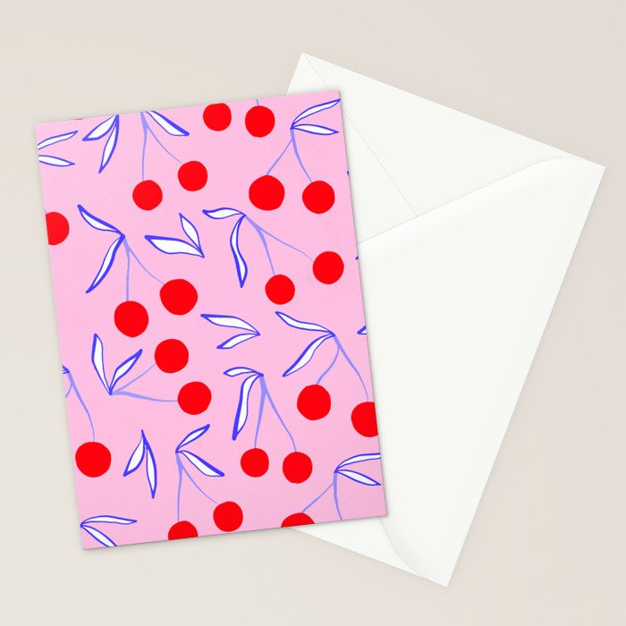 Ditsy Kitsch Cherry pattern in Pink, Red, Blue Stationery Card Gallery Image 2