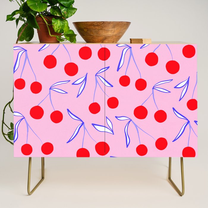 Ditsy Kitsch Cherry pattern in Pink, Red, Blue Credenza Gallery Image 1