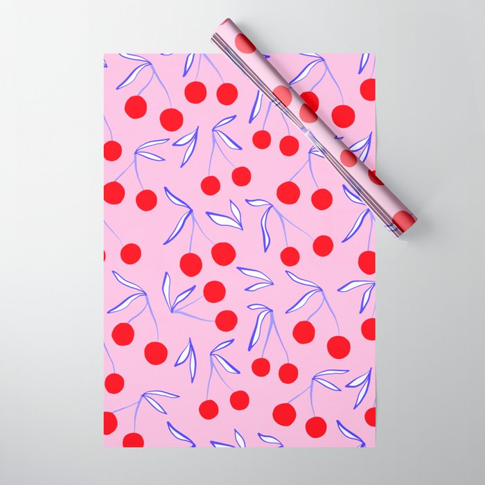 Ditsy Kitsch Cherry pattern in Pink, Red, Blue Wrapping Paper Gallery Image 1