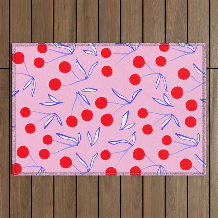 Ditsy Kitsch Cherry pattern in Pink, Red, Blue Outdoor Rug Gallery Image 1