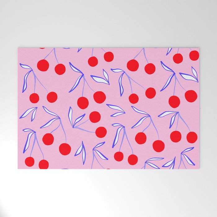 Ditsy Kitsch Cherry pattern in Pink, Red, Blue Welcome Mat Gallery Image 1