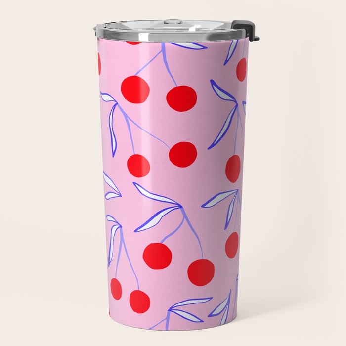 Ditsy Kitsch Cherry pattern in Pink, Red, Blue Travel Mug Gallery Image 2