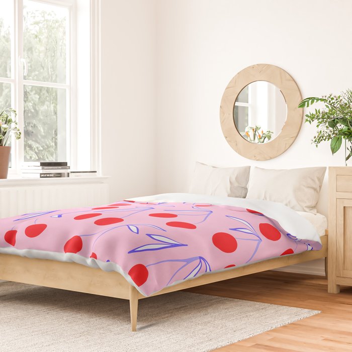 Ditsy Kitsch Cherry pattern in Pink, Red, Blue Duvet Cover Gallery Image 2